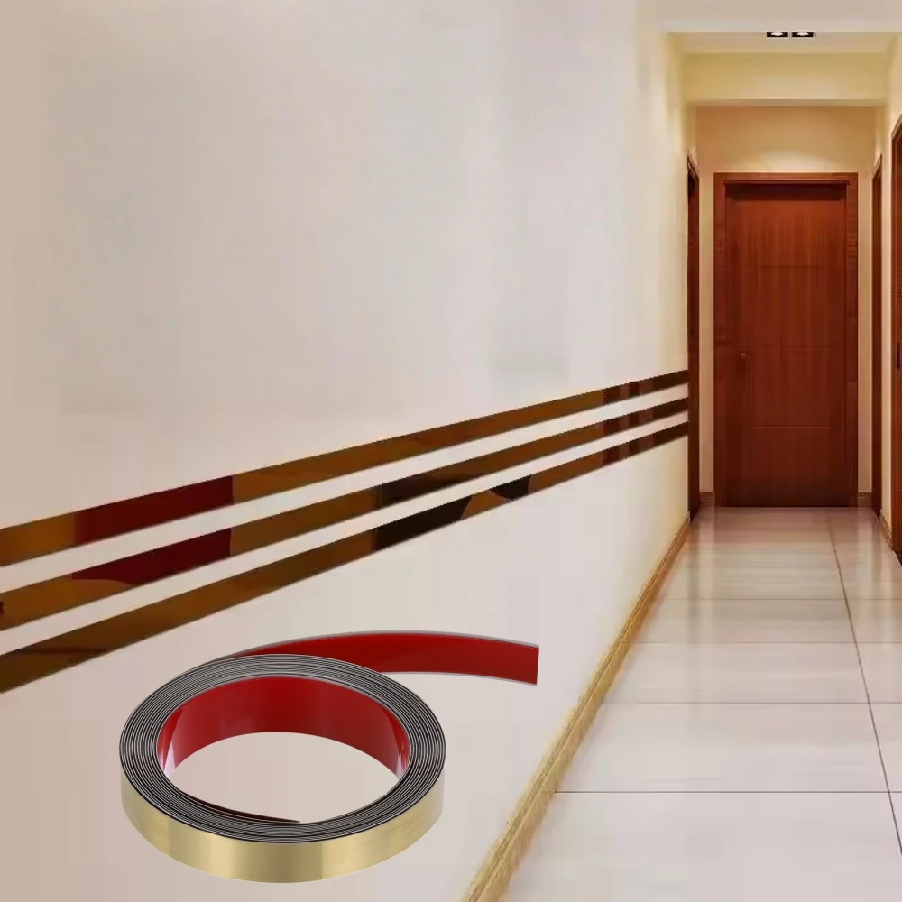 1pc 5m/196.85inMirror auto-adhésif plat lignes décoratives bande en acier inoxydable or autocollant mural fond mur plafond