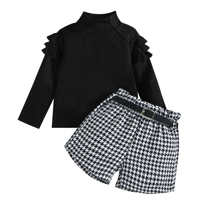 

Toddler Girl Autumn Clothes Set Ruffled Long Sleeve High Neck Ribbed Pullover Houndstooth Print Shorts Belt