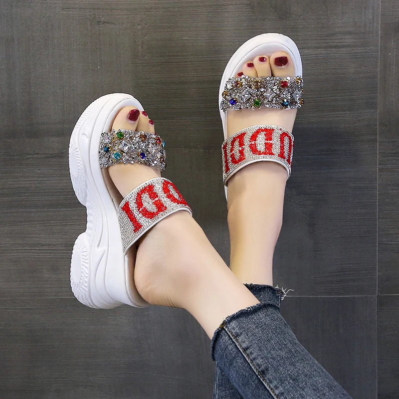 

Fashionable Diamond Thick Heel Women's Slippers Outdoor Wear High Heel Platform Sandals Fairy Style Slip-On Summer Shoes