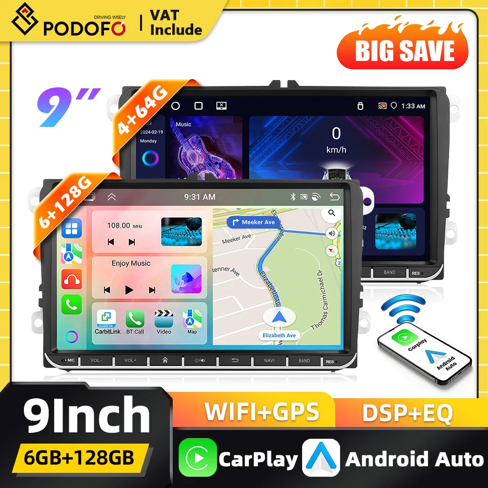 Podofo 9-Zoll Autoradio 2Din für VW Passat Golf Skoda MK5 MK6 Touran Seat Sharan Carplay Intelligentes Autosystem Android Auto GPS BT