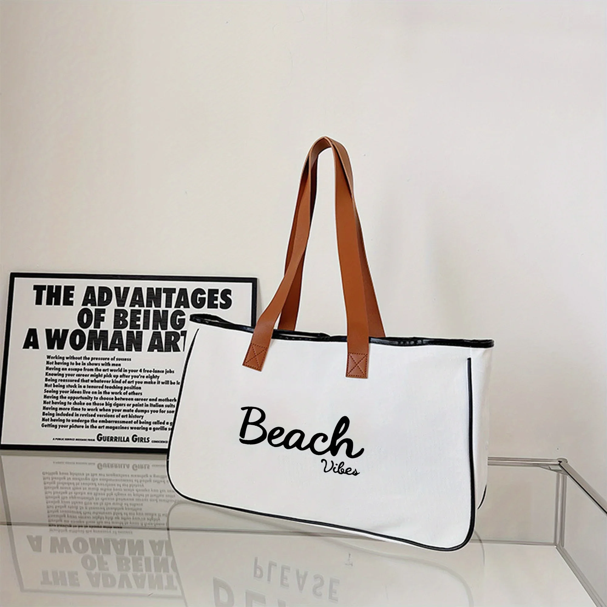 حقيبة كتف قماشية ذات سعة كبيرة ، هدية إبداعية ، طباعة أمامية للشاطئ ، حقيبة حمل ملونة ، كل مباراة ، كاجوال