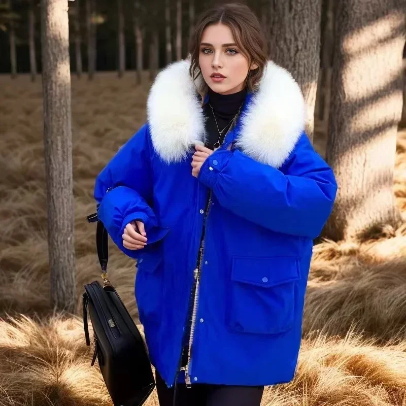 2025 ฤดูหนาวผ้าฝ้ายเบาะ Big FUR COLLAR Hooded Parkas ผู้หญิงหนาเสื้อแจ็คเก็ตความยาวกลางหญิง Outerwear หิมะสวมใส่