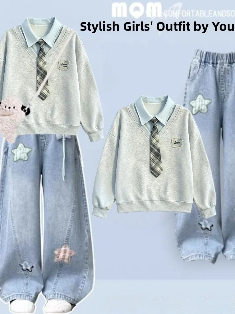 Girls Casual Autumn Outfit 2026 New Style School Uniform Sweatshirt Jeans Fashionable Two-Piece Set Big Kids Clothing Set