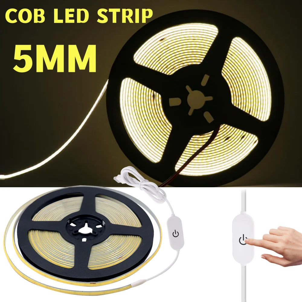 Dimmable COB LED Strip Light with Touch Switch 5V USB Flexible LED Tape 320Leds/m High Density FOB LED Lights Cabinet Lighting