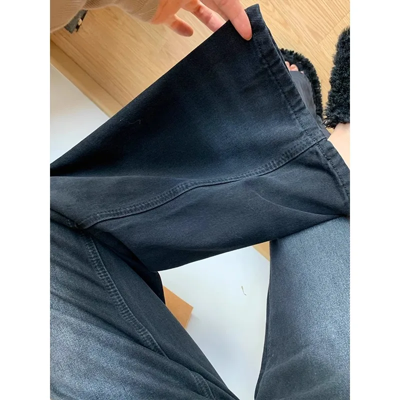 ハイウエストノンレギンス裏地付きデニムジーンズレディースプラスサイズストレートレッグマイクロフレアパンツ秋スリルーズワイドレッグ...