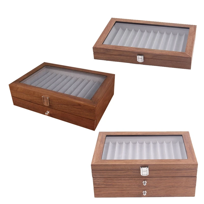 

Walnut Pen Storage Case Luxury 2 Layer Pen Display Organizer Transparent Window Fountain Box Pen-Collection