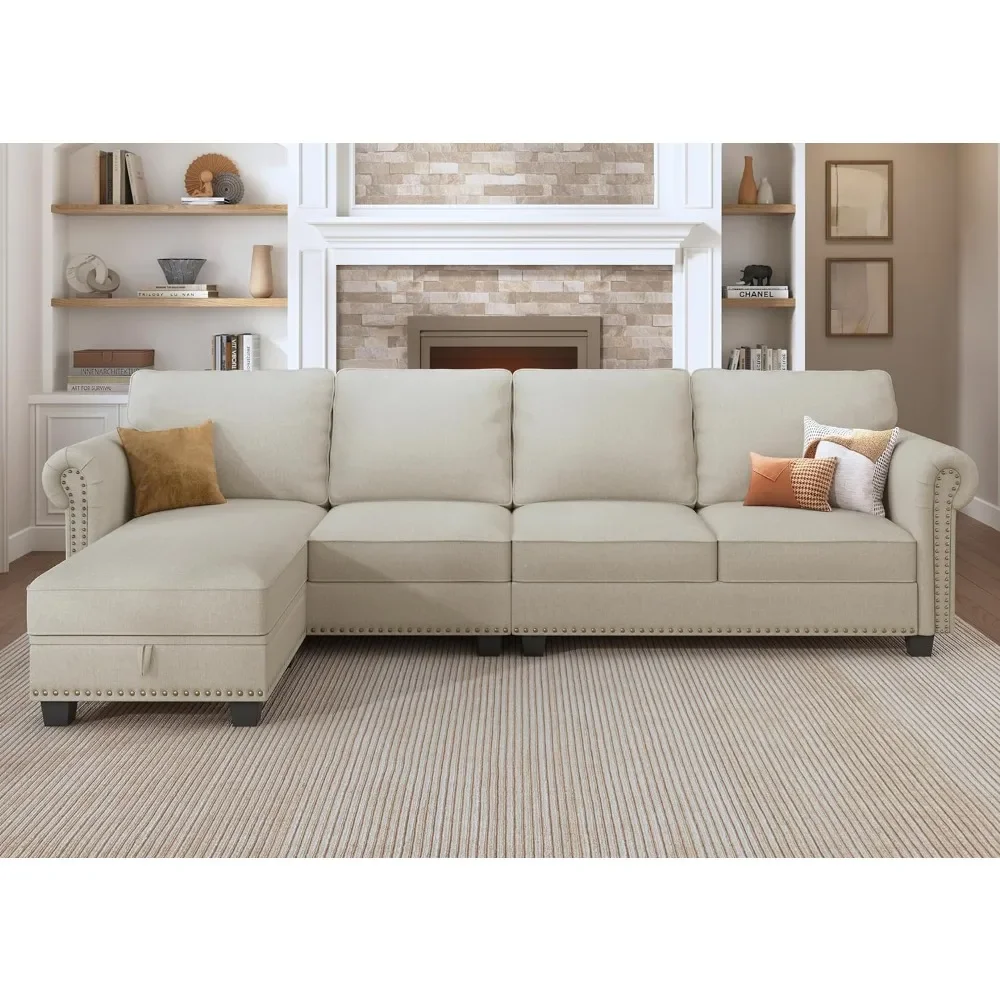 

Sectional Sofa, L Shaped Sectional Couch with Reversible Chaise, Convertible 4 Seater Sofa for Small Space, Beige