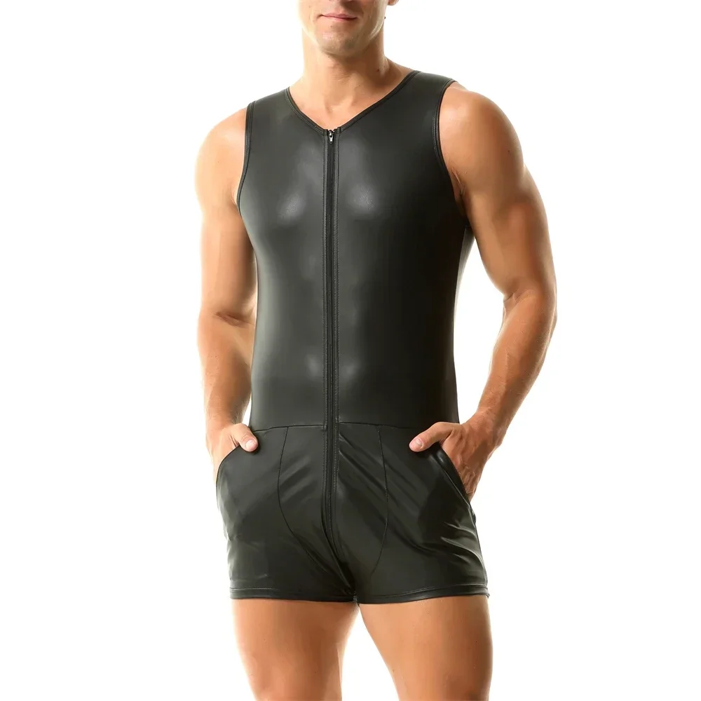 Men One-piece Undershirts Sexy Zipper Open Crotch Rompers Faux Leather Leotards Wrestling Singlet Jumpsuit with Pockets Bodysuit