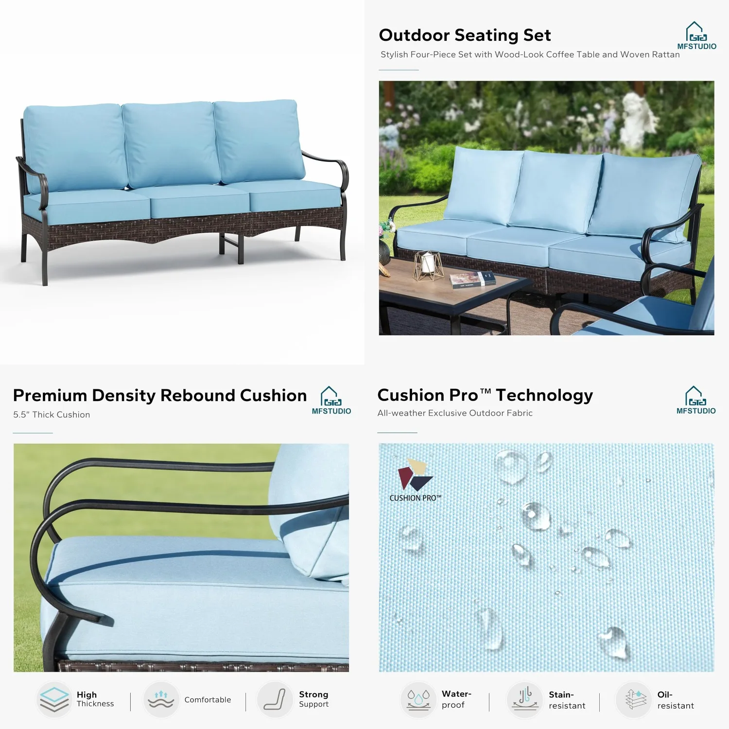 

Metal Outdoor Sectional Sofa Set All Weather Rattan Conversation Furniture Garden Backyard 7pc Blue Cushions, Customized