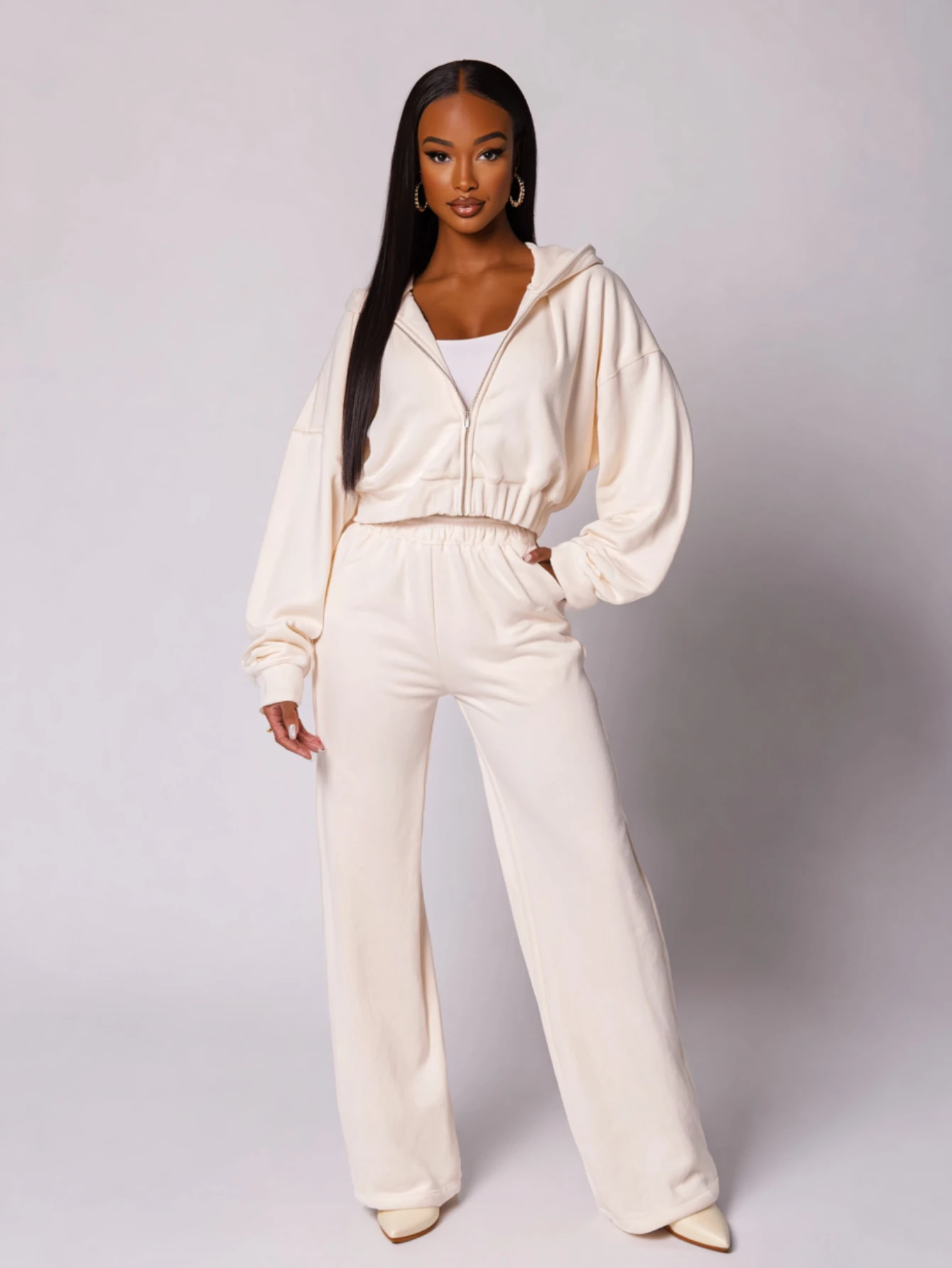 

Mia Muse Boutique Women's Sets Autumn Winter Fashion Plain Zipper Open Front Long Sleeve Hooded Full Length Casual Pants Sets