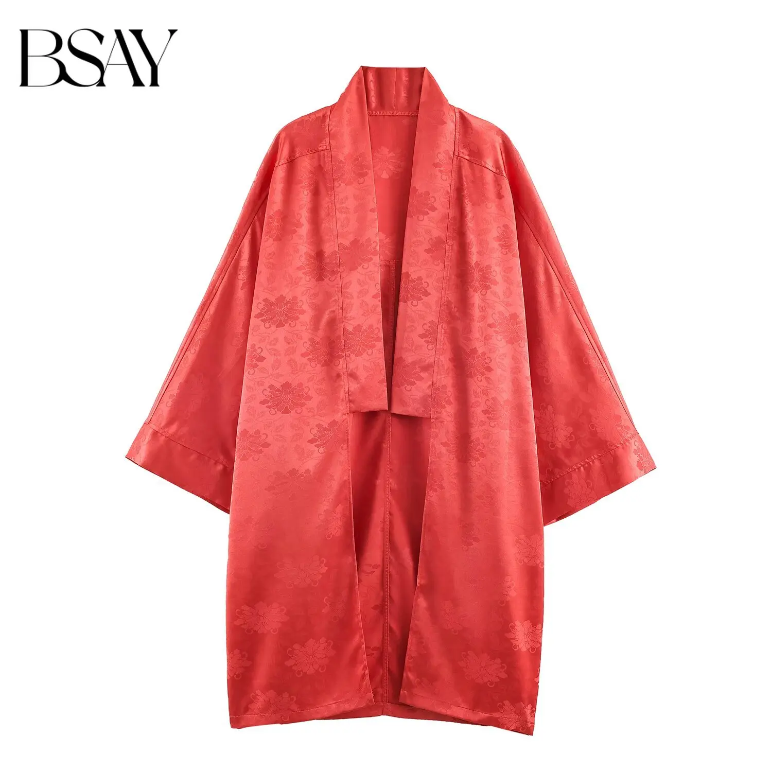 BSAY 2026 Summer Women's Retro Street Style Satin Long Cardigan With Red Floral Print Front Open Bat Sleeves Loose Casual Jacket