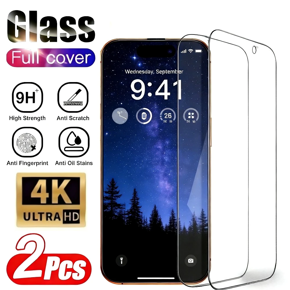 

2Pcs Ultra Clear Full Screen Protector for iPhone 17 16 15 14 Pro Max Air 17e 16 15 Plus 13 12 11 Pro 9H Hardness Tempered Glass