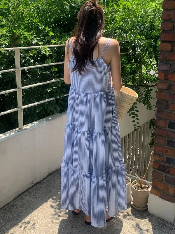 Vestido Envolvente t Azul Chique F Verão Novo Estilo de Férias Colete em Camadas Saia Longa E Casual Max...