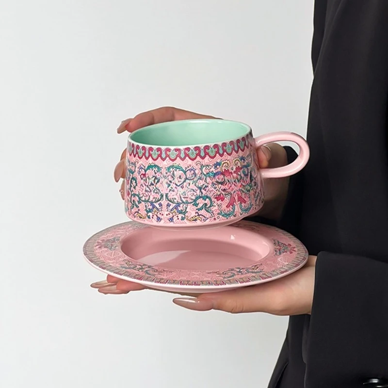 

Retro coffee cup and saucer set, girls afternoon teacup, latte cup, ceramic cup, exquisite souvenir