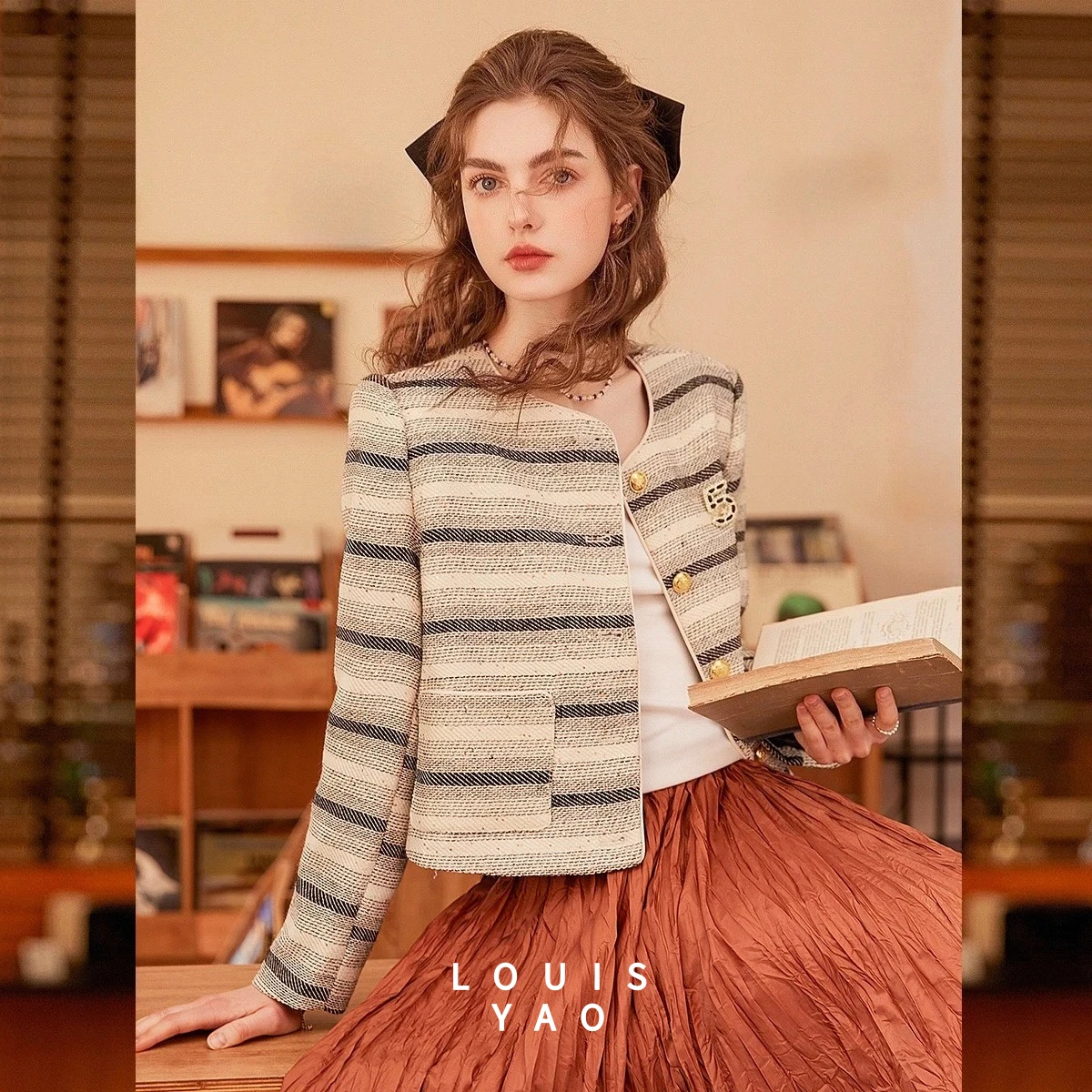 

LOUISYAO Striped Cardigan Women 2026 Spring Round Neck Brooch Decoration Single Breasted Elegant Casual Coat