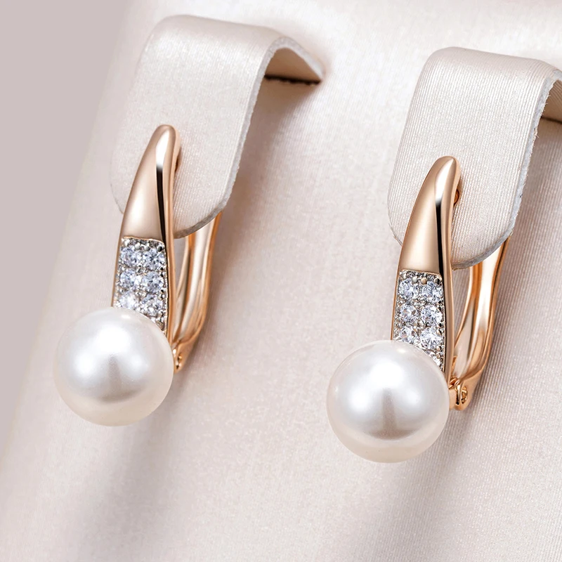 Kinel Fashion Pearl Long Drop Earrings For Women 585 Rose Gold Silver Color Mix With White Natural Zircon Daily Fine Jewelry