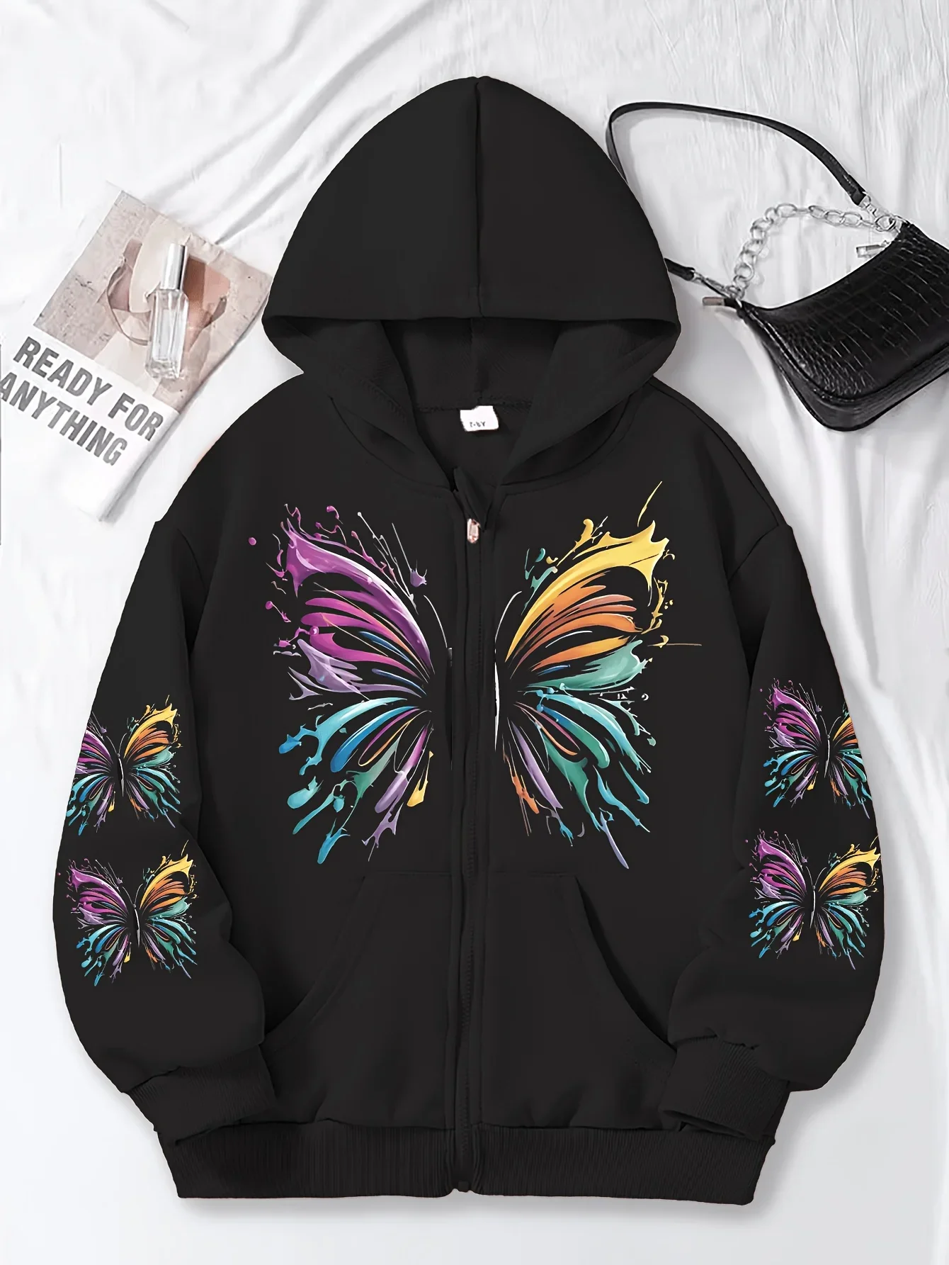 Kids Boys Girls Black Butterfly Zip Up Hoodie Sweatshirt Teen Graphic Paint Splash Jacket Spring Autumn Winter Coat