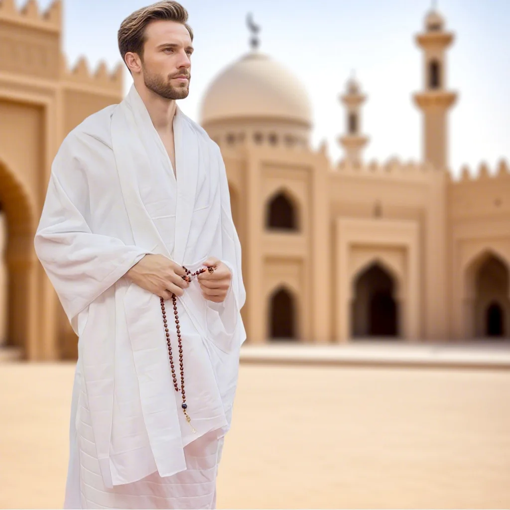 Islamic Men Pilgrimage Ihram 3Pcs Set Breathable White Grid Towel Adjustable Waist Belt Long Tasbih Beads For Hajj Umrah