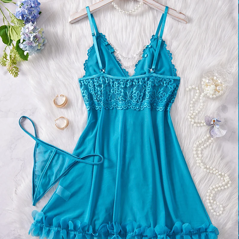 Women Blue Perspective Lace Sling Backless Pajamas Nightdress Set