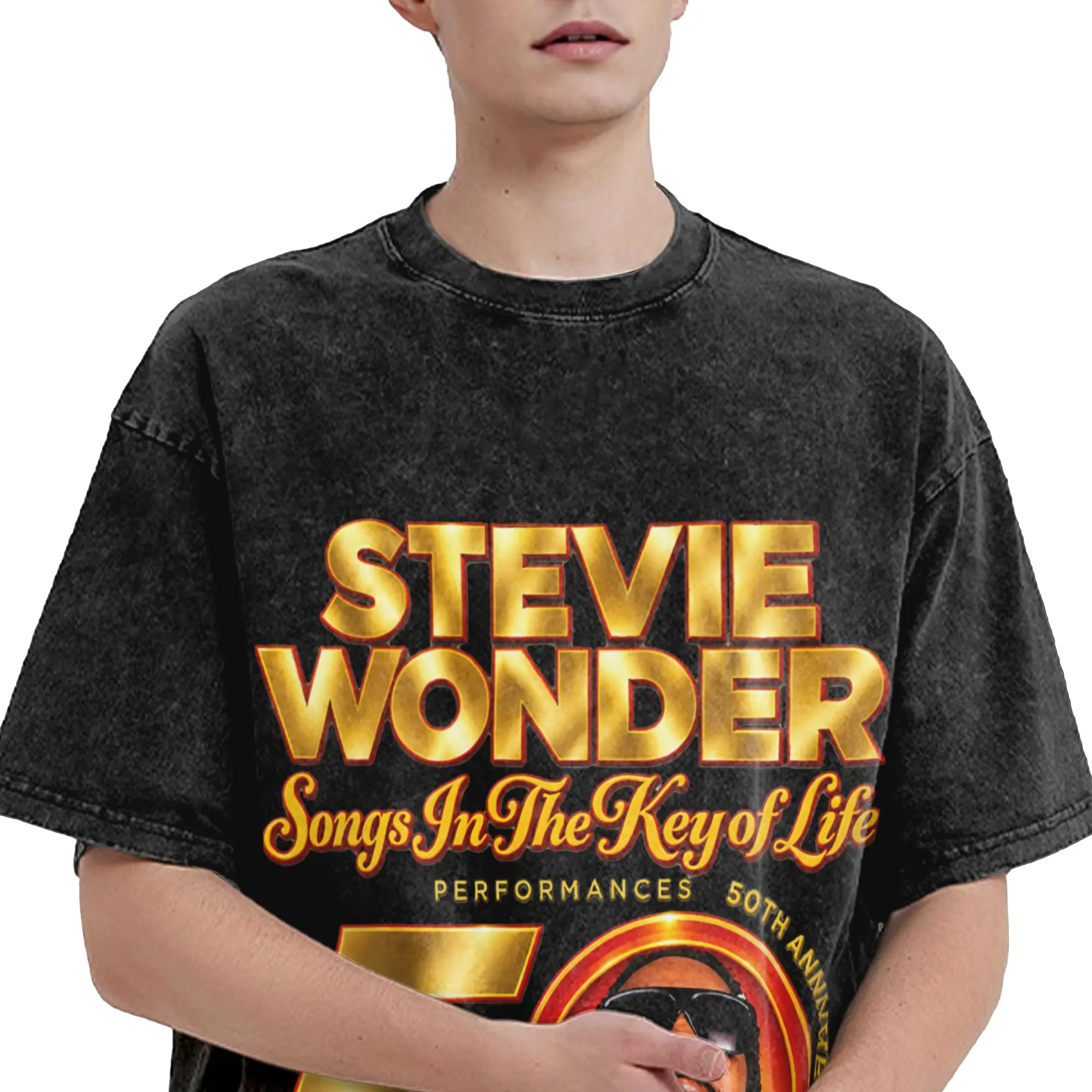 Stevie Wonder Songs in The Key of Life 50th Anniversary Tour Outfit Washed T Shirts Men Women Streetwear Hip Hop T-Shirt Summer