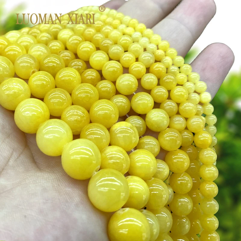 Natural Stone Amber Yellow Topaz Jade Loose Round Stone Spacer Beads for Jewelry Making DIY Bracelet Charms Accessories 15\'\'