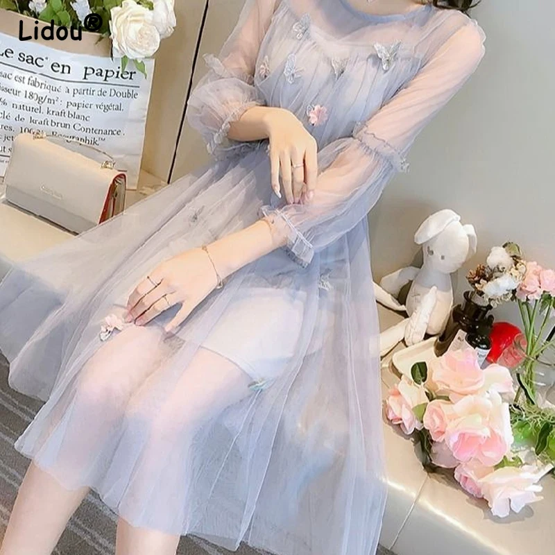 

Gauze Long Sleeve Summer Fashion Chiffon Solid Color A-line Skirt Sweet Slender Refreshing Pure Cute Dress Women's Clothing 2022