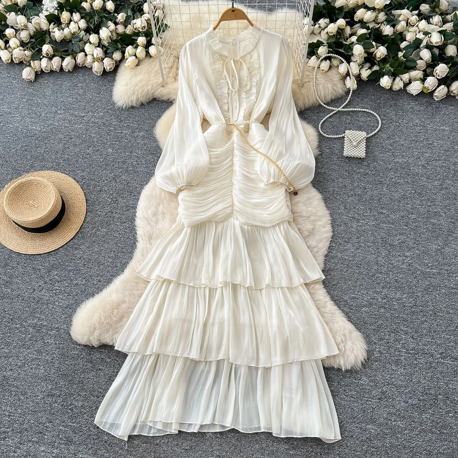 Spliced Lace Dresses Lantern Sleeve Ankle Length Dress Women Solid Party Dress… - Image 3