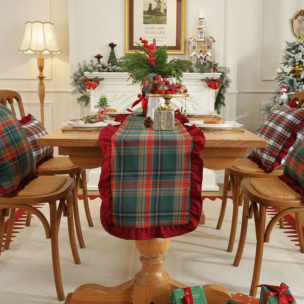 Christmas plaid table runner featuring contrasting ruffles—perfect for Christmas and winter parties.