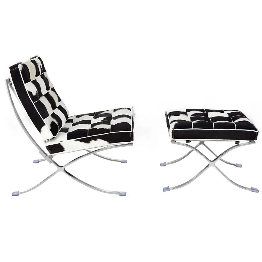 Mid-century Horse Fur Leather Lounge Chair Club Seat Chair Foldable high-end accent Chair ottoman