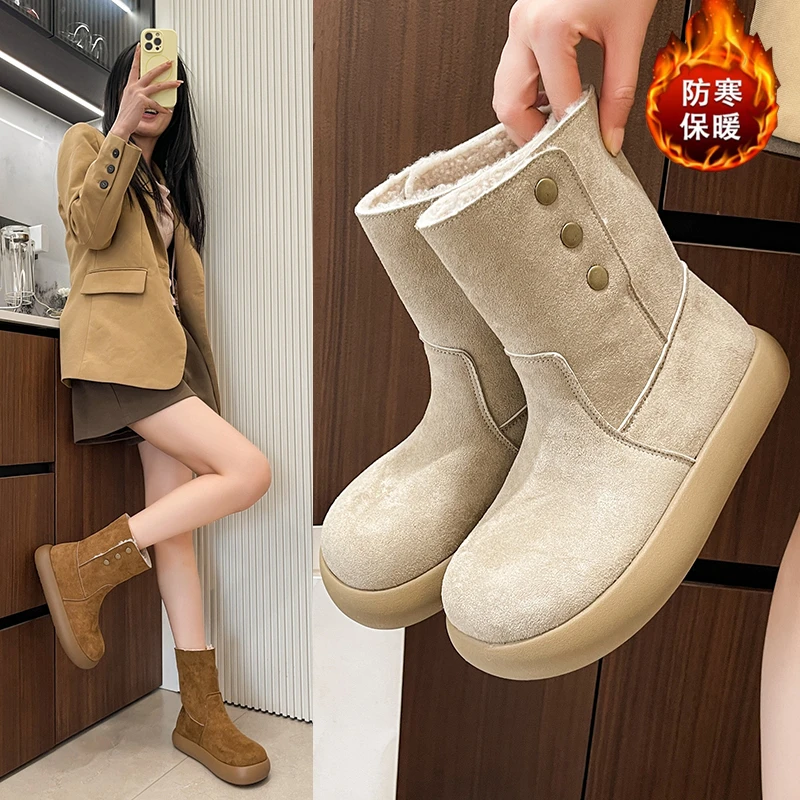 سميكة سوليد المرأة أحذية الثلوج 2025New الخريف الشتاء الصوف مبطن سميكة أحذية قطنية المرأة الدفء الفراء أحذية بوت قصيرة