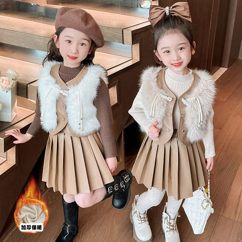 

Children Clothing Set 2023 Autumn and Winter New Thick and Fashionable Little Girl Sweater Vest Pleated Skirt Three Pieces Tide