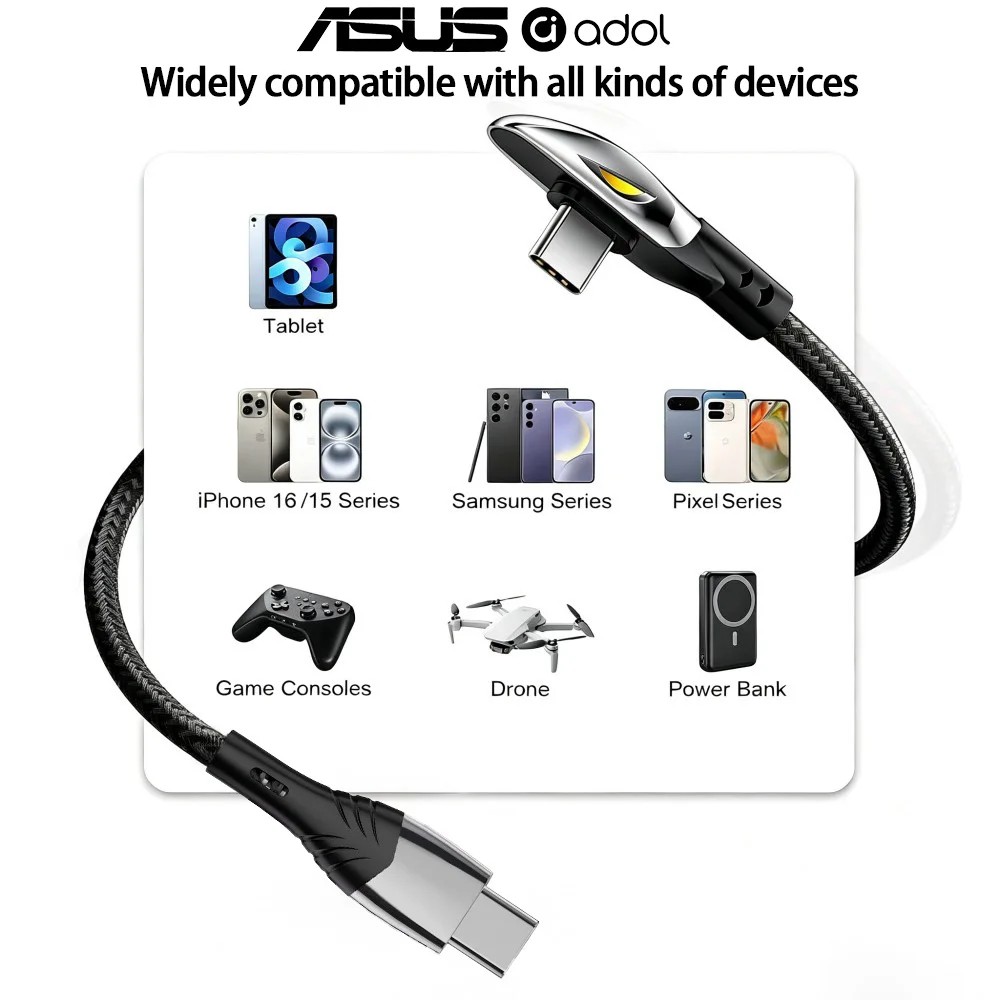 ASUS 90-Grad-USB-C-zu-Typ-C-Kabel 60W PD Schnellladung Nylon-Geflecht 1,8M Datenkabel für Telefon, Tablet, Spielkonsole – Detail 7