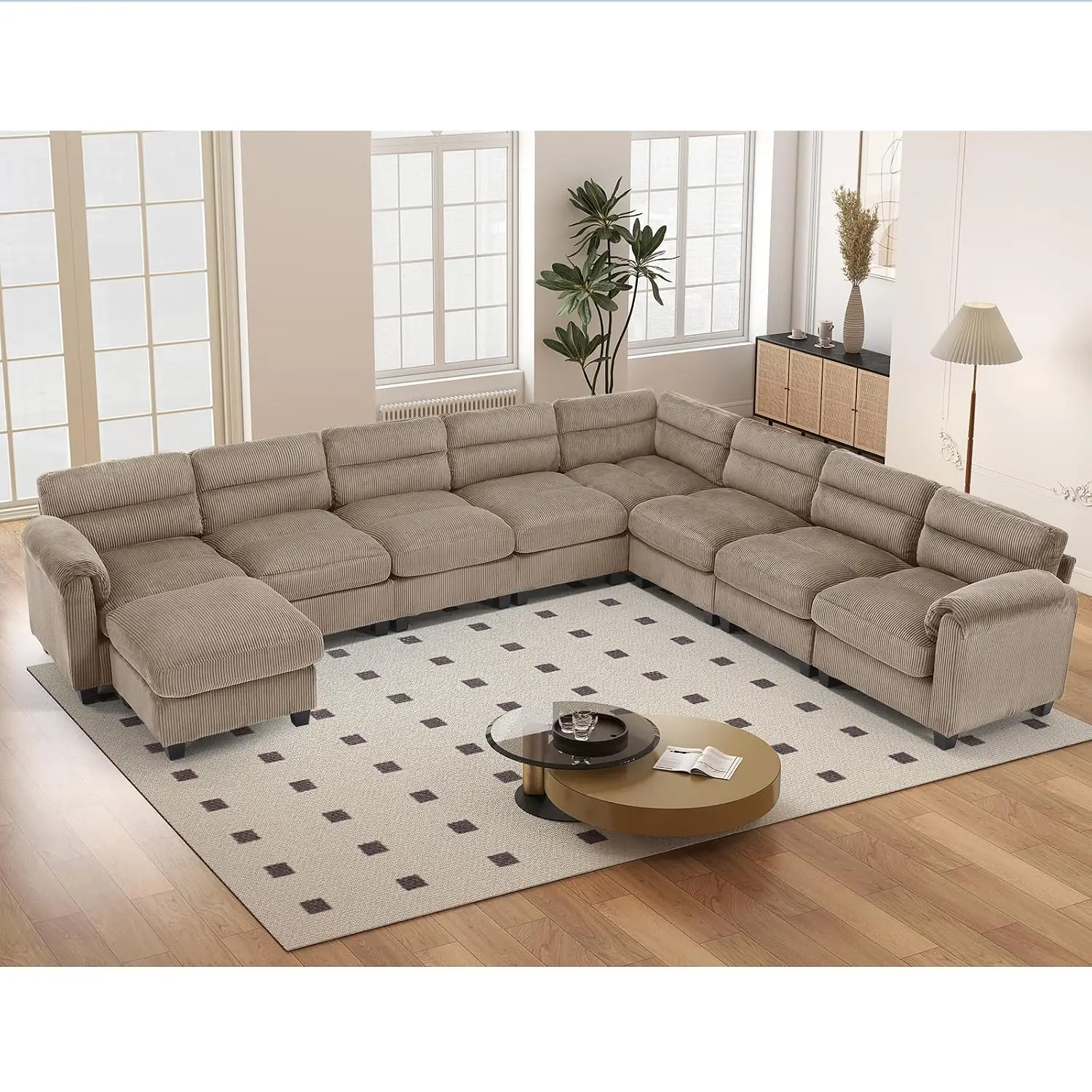 135” Modular Sectional L Shaped Corner Sofa with Movable Ottoman, Corduroy 9-Seater Couches with Thick Cushion for, Customized