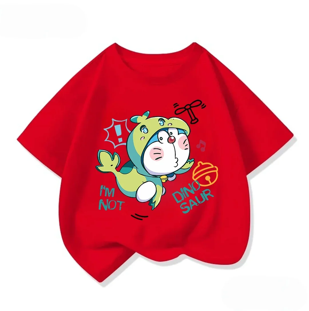 Summer Kids Crew Neck T Shirt Cute Kawaii Cartoon Print Fashion Street Tops For Boys Girls Doraemon Casual Outfit 3-14Y