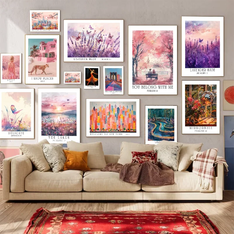 

Pink Purple Dreamy Cozy Art Poster Ballroom Bar Gallery Exhibition Girls Dorm Room Aesthetic Canvas Painting Modern Wall Art