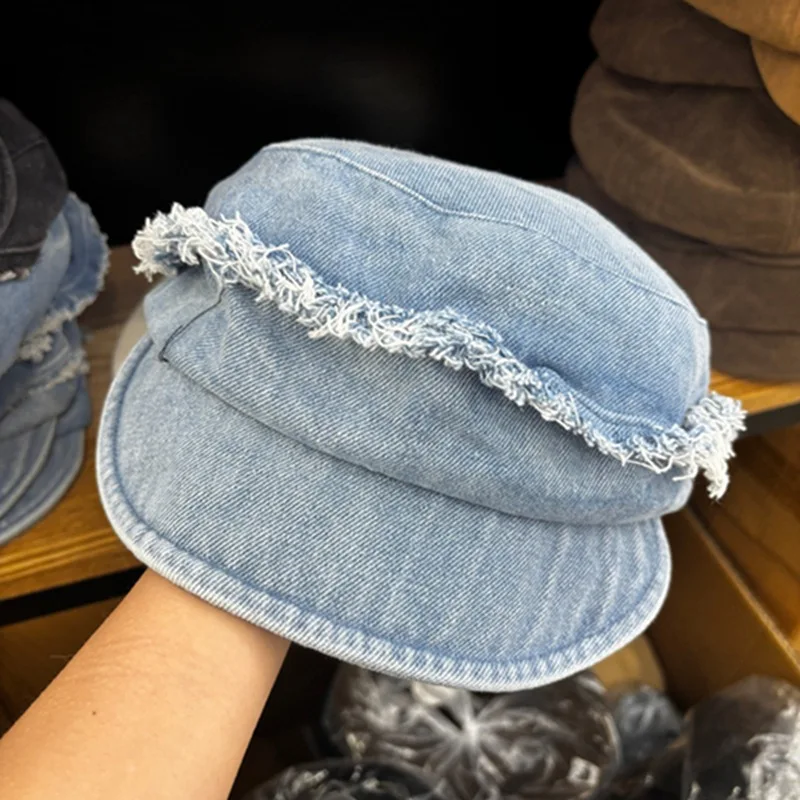 2026 Women's Autumn Washed Denim Fringe Octagonal Newsboy Beret Sun Protection Hat