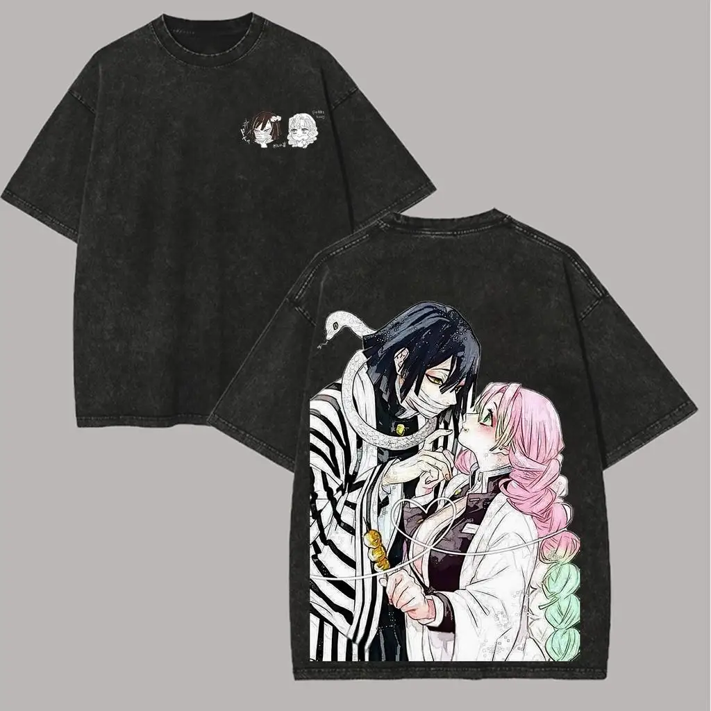 Camiseta de Anime Demon Slayer, camiseta lavada con estampado de Iguro Obanai y Kanroji Mitsuri, ropa para hombres y mujeres, camisetas de manga corta de algodón