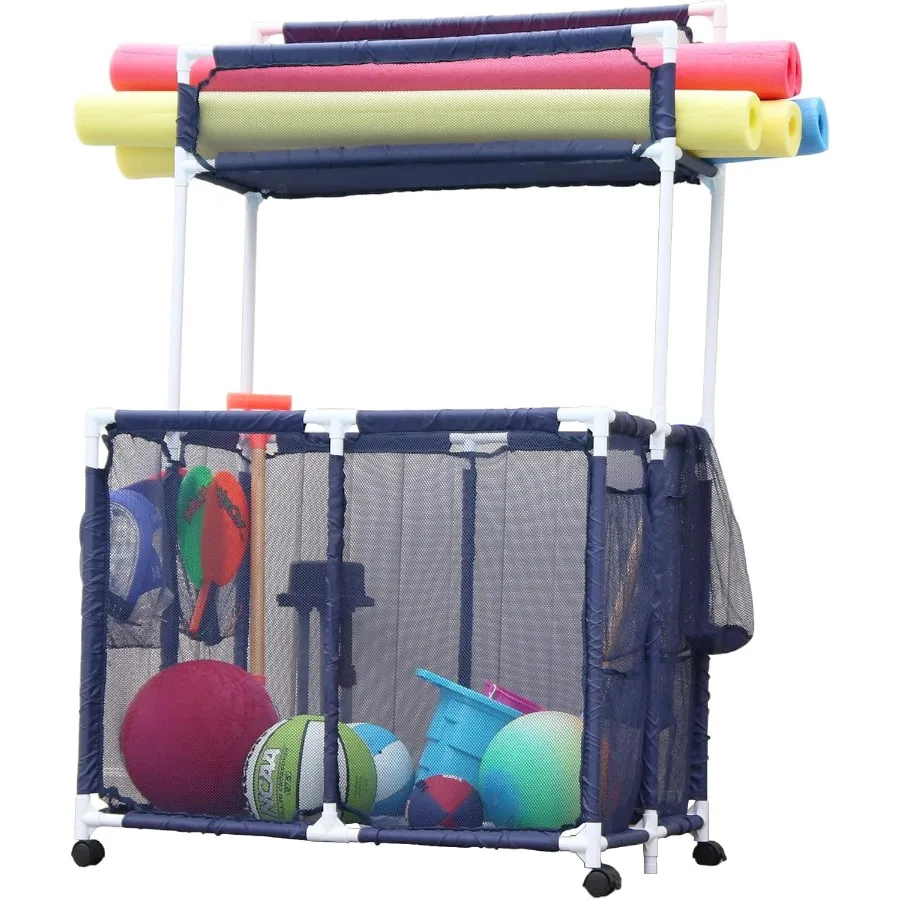 Essentially Yours Pool Storage Equipment Organizer Holder - Noodles Toys Balls Floats Mesh Rolling Double Decker Bin Large with