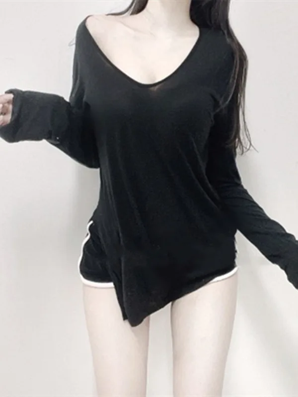 Spring/summer Korean Version New U-neck Long Sleeve T-shirt Women Micro Sheer Loose Side Slit Casual Versatile Top F303
