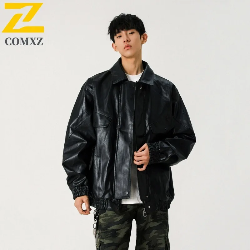 COMXZ Trendy PU Leather Jacket Men High Quality Adventure Windproof Leather Coats Comfort Autumn Motorcycle Leather Jackets