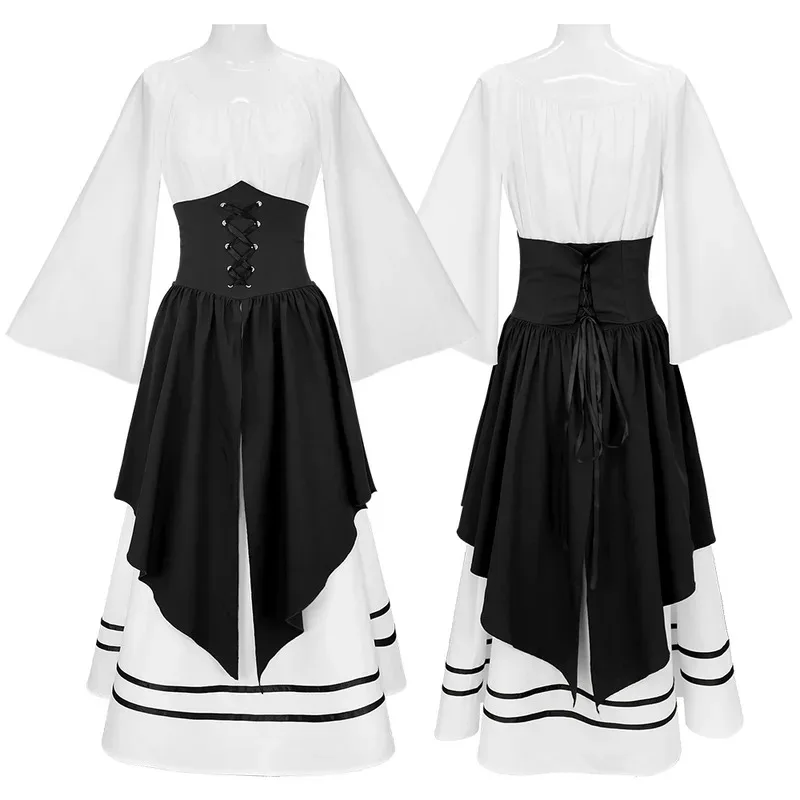 

Woman's Renaissance Medieval Gothic Slim Fit Chest Tie Two-piece Dresses for Halloween Cosplay Gowns Long Sleeve Waist hh