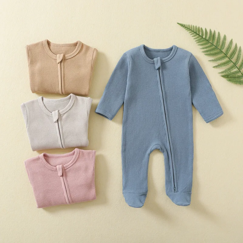 

Baby Rompers Waffle 100% Cotton Infant Boys Girls Jumpsuit Zipper Footed Solid Long-Sleeve Pajamas Sleepsuits