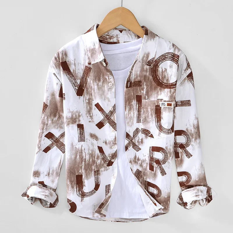 

High Street Print Letters Shirt Men Korean Fashion Streetwear Long Sleeve Man Tops Spring Summer Pure Cotton Casual Men Clothing