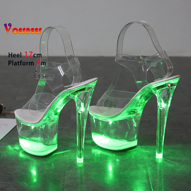17CM Stripper Heels Women Glitter Shoes Clear Heel Light-emitting PVC Platform Sandals LED Light Buckle Strap Super High Heels - Image 3