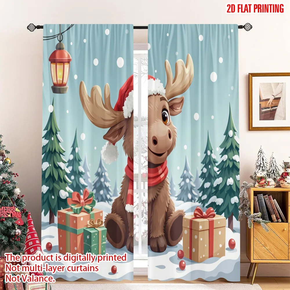 

2pcs 2D flat printing Merry Christmas Window Drapes Christmas Moose Festive Scene 100% Polyester Without Electricity Holiday