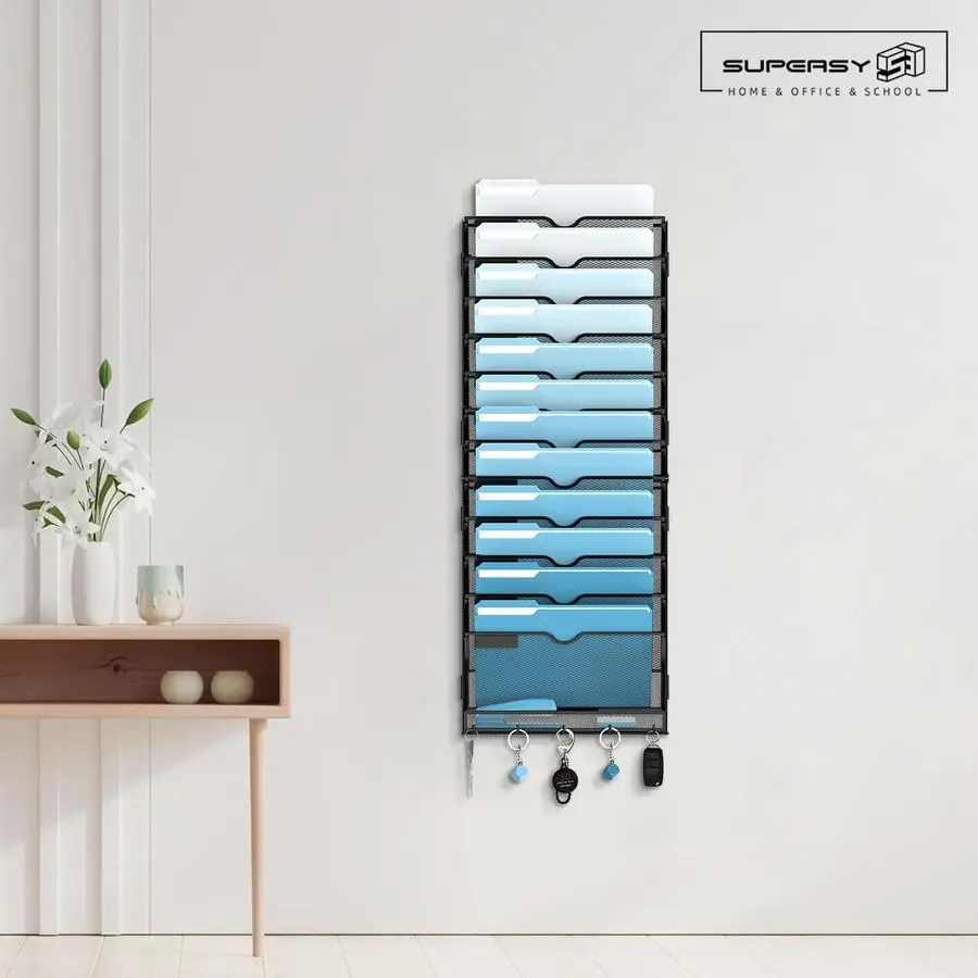 

13Tier Wall File Organizer, Wall File Holder with Hooks, Mesh Hanging File Organizer, Mail Organizer Wall Mounted for Papers, Fo