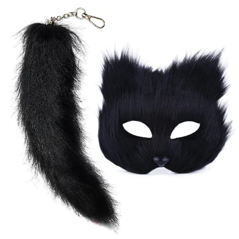 Therian Mask and Tail Set Halloween Cosplays Costume Accessorie Cats Mask Tail Half Face Faux Furs Foxes Tail Cats Mask