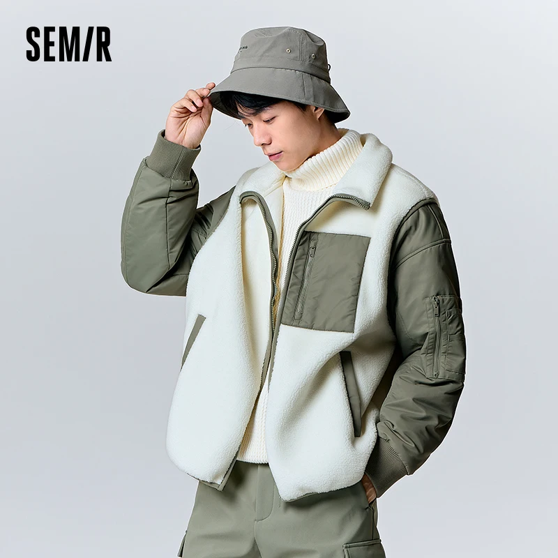 Semir Jacket Men 2023 New Winter Trendy Different Material Splicing Imitation Sherpa Warm Fashionable Loose Jacket