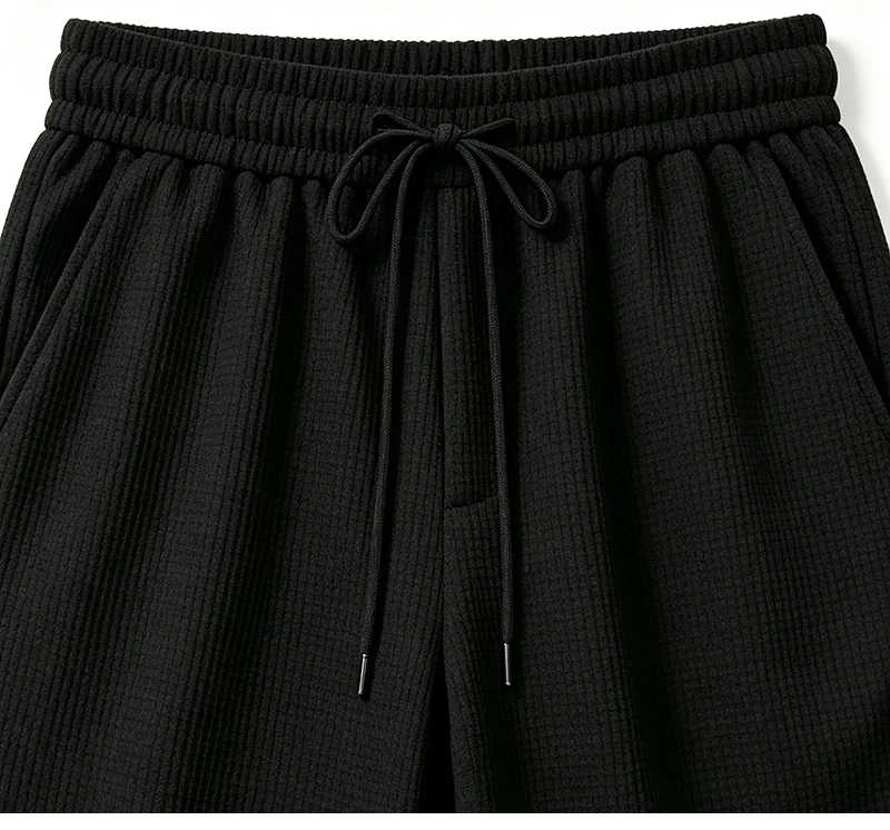 Herren Waffelstrick-Bermudashorts mit elastischem Kordelzug, lockerer Passform, Etikettendekor, für Outdoor, Reisen, Alltag, lässige knielange Shorts – Detail 3