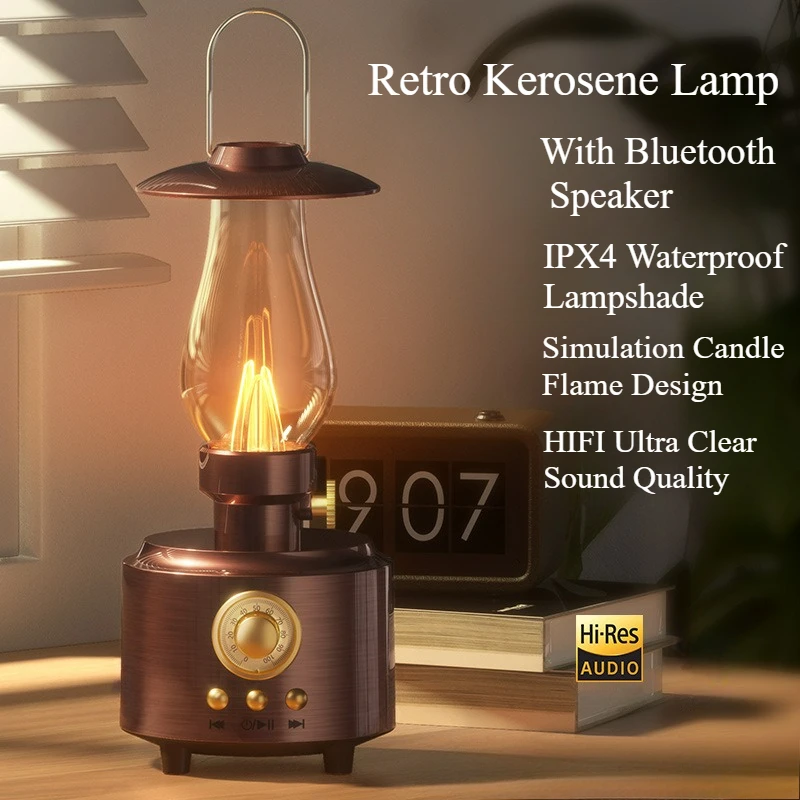 Retro Kerosene Lamp with Bluetooth Speaker Portable Outdoor Waterproof Camping Lamp Home Bedroom Bedside Night Light